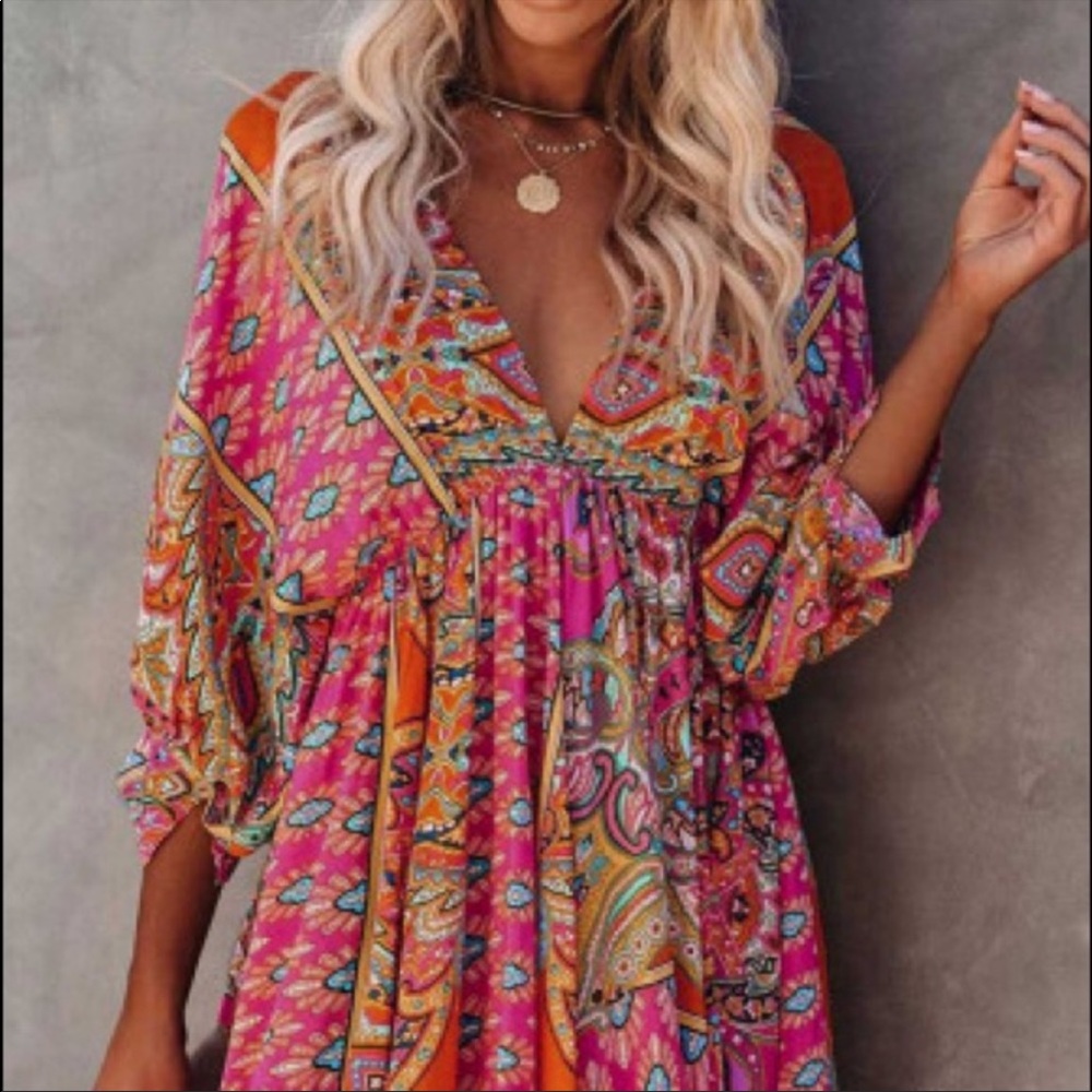 Bright Boho Babydoll Mini Dress - Picture 2 of 9